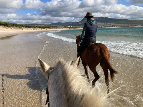 Riding horses on a sand beach
