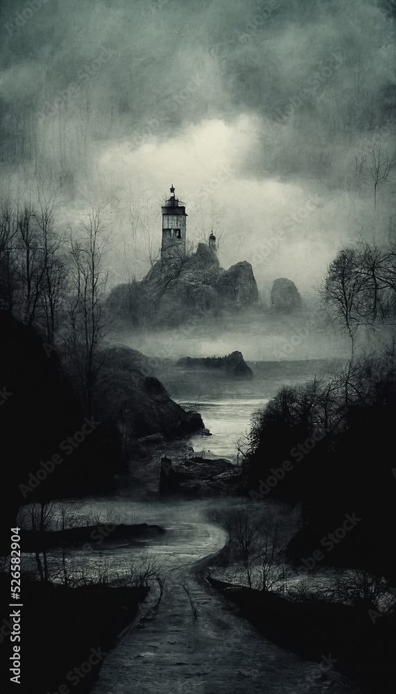Naklejka premium Gloomy atmospheric dark realistic landscape. Mystic, horror, spooky, dramatic scene. 3D illustration.