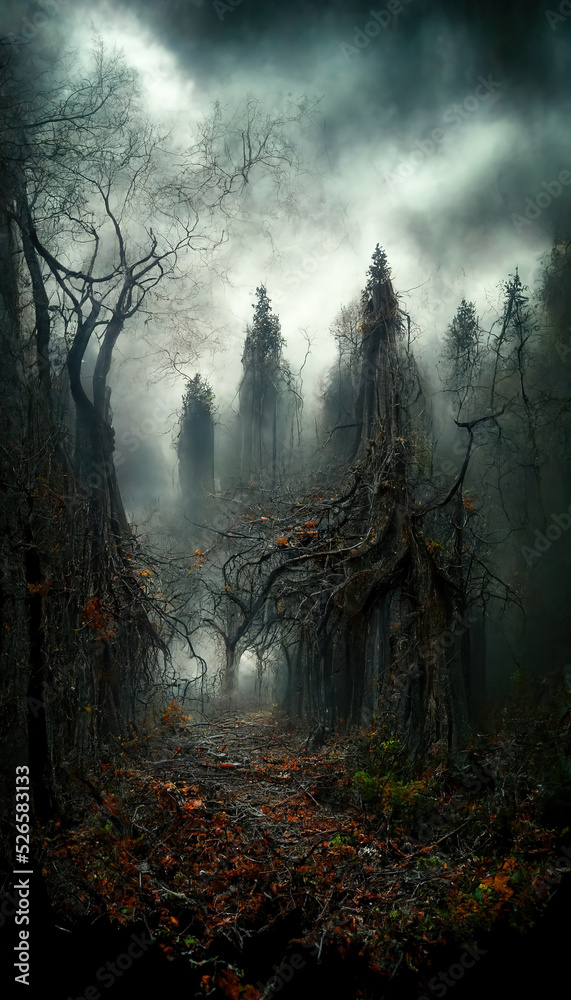 Realistic haunted forest spooky landscape at night. Fantasy Halloween