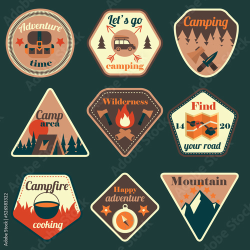 Outdoors tourism camping flat badges set of compass campfire tent and backpack isolated vector illustration