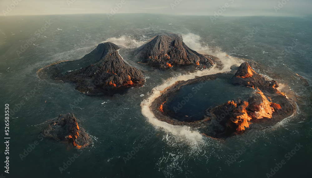 Naklejka premium Aerial view of small eruption atoll islands archipelago in the ocean. 3D illustration.