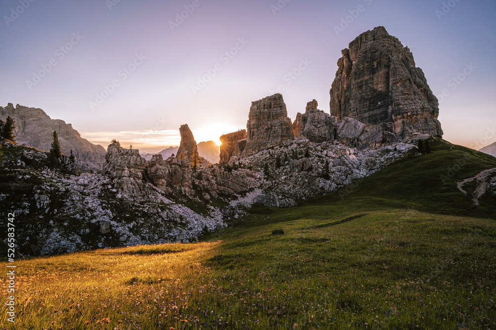 Amazing sunrise morning view of Cinque Torri, Dolomites, South Tyrol, Italy. Famous rock formation Cinque Torri near Cortina d'Ampezzo, Italian Dolomiti. Unesco protected moutain landscape.