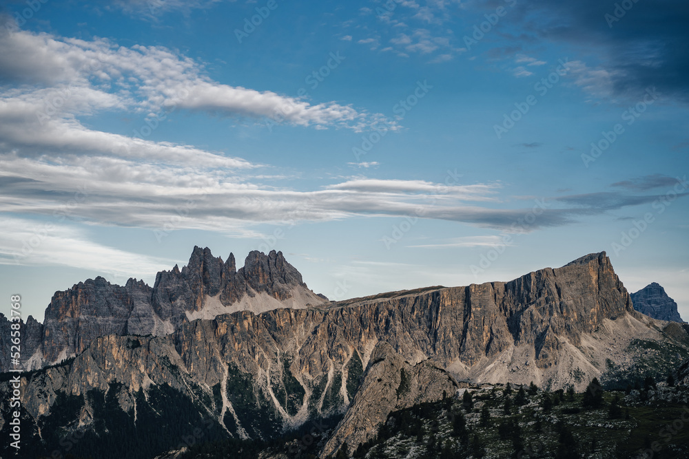 Incredible rocky ridgeline of Croda di Lago, Dolomites, South Tyrol, Italy. Big rock towers and mountain landscape of Dolomiti, Croda di Lago peak, Cortina d'Ampezzo.
