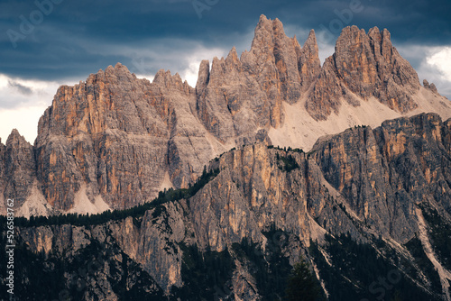 Incredible rocky ridgeline of Croda di Lago, Dolomites, South Tyrol, Italy. Big rock towers and mountain landscape of Dolomiti, Croda di Lago peak, Cortina d'Ampezzo.
