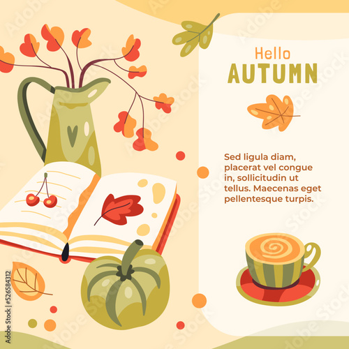 Autumn illustration with a book, coffee, pumpkin, cookies and leaves. Hello autumn text. Cute fall decorative objects. Warm hygge aesthetics. Square or circle social media publication. Greeting card