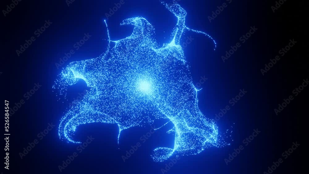 Blue energy particles exploding from a single point on black background, motion, simple animation, 3d rendered, computer generated