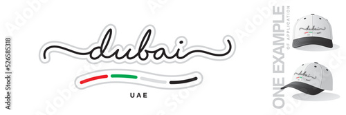 Dubai UAE, abstract UAE flag ribbon, new modern handwritten typography calligraphic logo icon with example of application