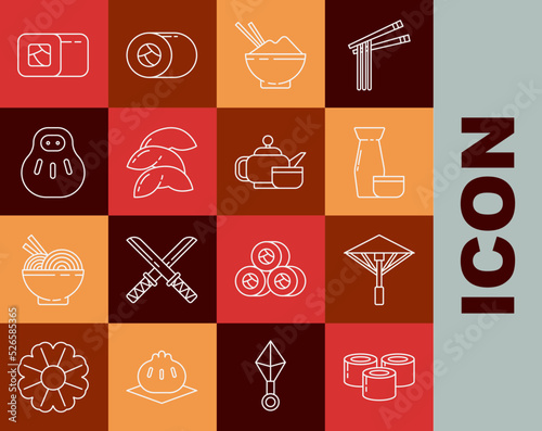Set line Sushi, Japanese umbrella from the sun, Traditional tea ceremony, Rice in bowl with chopstick, Chinese fortune cookie, Maneki neko cat, and icon. Vector
