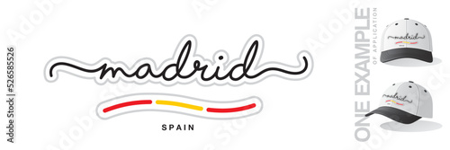 Madrid Spain, abstract Madrid flag ribbon, new modern handwritten typography calligraphic logo icon with example of application