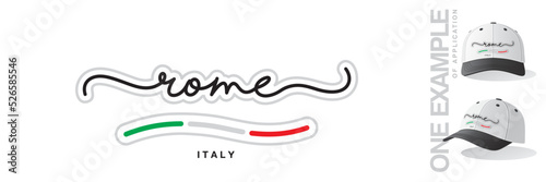 Rome Italy, abstract Italy flag ribbon, new modern handwritten typography calligraphic logo icon with example of application