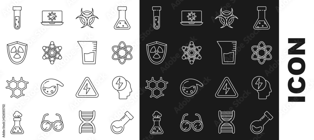 Set line Test tube and flask chemical, Head electric symbol, Atom, Biohazard, Radioactive in shield, and Laboratory glassware or beaker icon. Vector