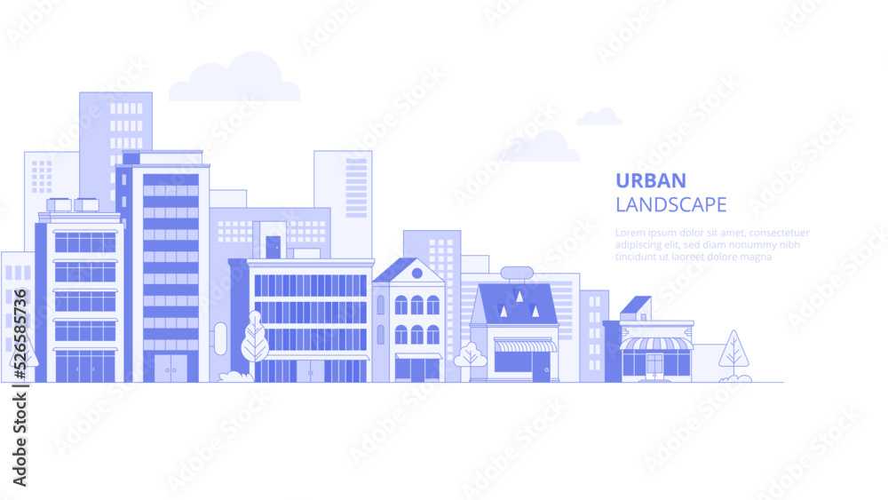 City landscape with buildings. Towers and buildings in modern flat style on white background. Abstract horizontal banner and background with copy space for text. Vector header images for web