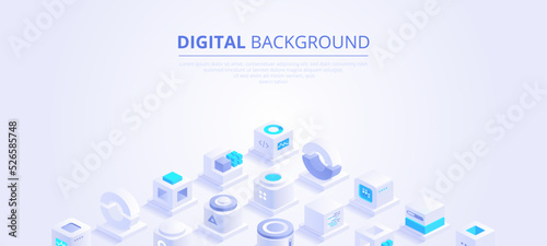 Web banner design of digital technologies concept. Abstract isometric cubes with text place on white background. Online communication and blockchain. Vector illustration of advertising landing page