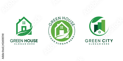 Set of green house icon logo design bundle with unique concept and leaf element Premium Vector