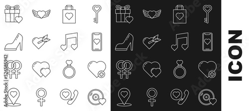 Set line Romantic music, Heart, Mobile phone with heart, Shopping bag, Amour and arrow, Woman shoe high heel, Gift box and Music note, tone hearts icon. Vector