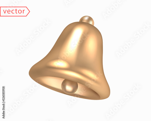 Gold Bell. Tilted Golden Metal Bell isolated on a white background. Christmas symbol, notification, school, vintage bell icon. 3D render realistic vector object