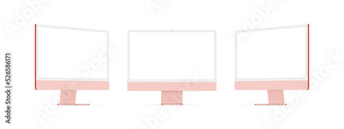 Pink Computer Monitors With Blank Screens, Front and Side View, Isolated on White Background. Vector Illustration