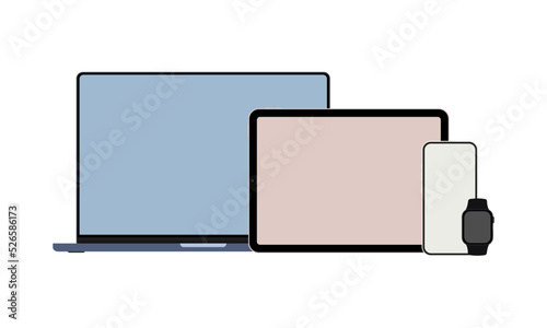 Modern Flat Devices. Laptop, Tablet, Smartphone, Smart Watch. Vector Illustration