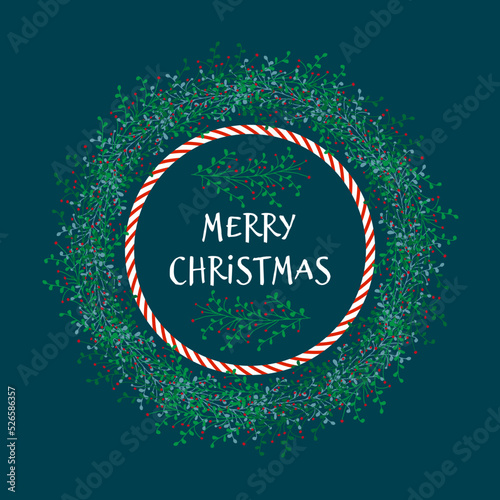 Card Christmas wreath with candy cane circle. Holiday postcard. Vector isolated.