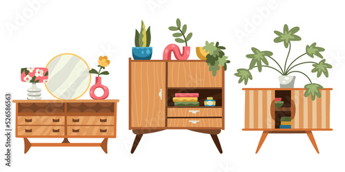 Set of retro wooden cabinets with houseplants. Mid-century modern furniture. Scandinavian interior design. Warm hygge aesthetics. Flat cartoon hand-drawn style, isolated on white background