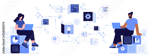 Software developers Freelancers working on web and application development on laptop Smm manager, programmers, sit on infographic and work on laptop ui ux design project Flat style vector illustration