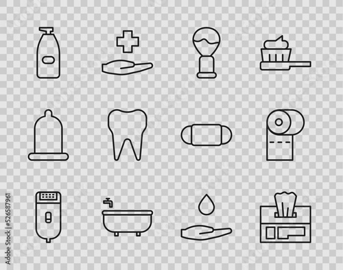 Set line Electrical hair clipper or shaver, Wet wipe pack, Shaving brush, Bathtub, Bottle of liquid antibacterial soap, Tooth, Washing hands with and Toilet paper roll icon. Vector