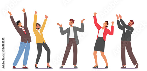 Happy Colleagues Office Employees Rejoice with Raised Arms, Male Female Characters Feel Positive Emotions, Celebrate
