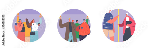 People Crowd Riding Subway Train Isolated Round Icons. Passengers Using Underground Urban Public Metro Transport