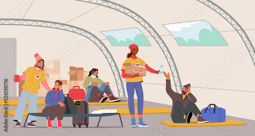 Volunteers Help Refugees in Shelter, Characters Survive during War Conflict, People Sit on Cots and Floor Mats Get Food