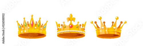 Set Of Medieval Royal Crowns For King, Queen, Prince Or Princess. Game Icons of Gold, Coronas With Gems And Diamonds