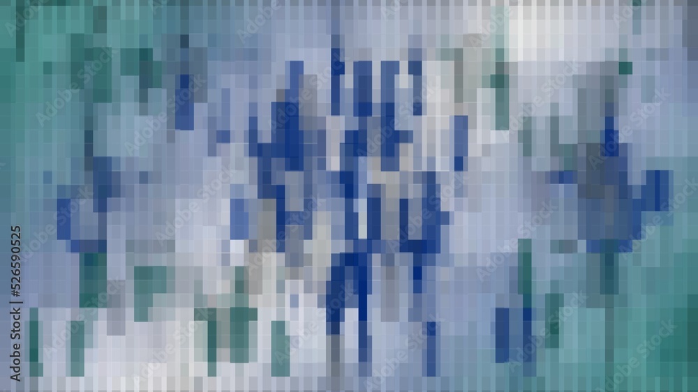 Abstract illustration featuring a mosaic or grid or tiles of hazy blue, green and white rectangles