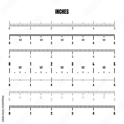 Realistic black inch scale for measuring length or height. Various measurement scales with divisions. Ruler, tape measure marks, size indicators. Vector illustration