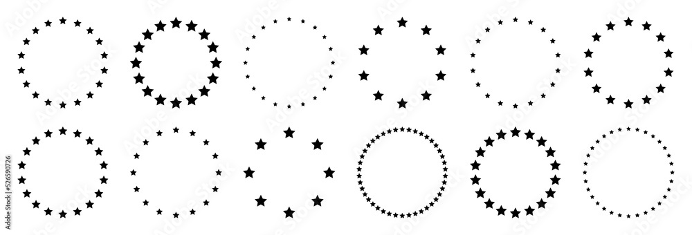 Stars of various sizes arranged in a circle. Round frame, border. Black star shape, simple symbol. Design element, ornament. Vector illustration