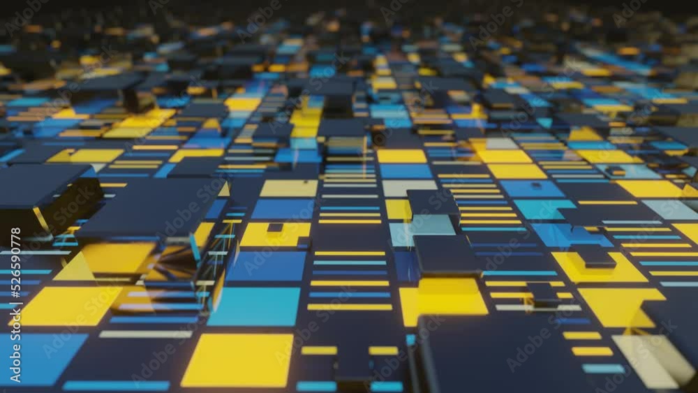 custom made wallpaper toronto digital4k looped animation. Flight over hi tech pattern on plane surface, neon glow, complex elements and structure. 3d objects form sci fi surface 3d pattern. Information technology, futuristic hardware