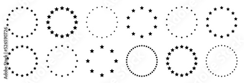 Stars of various sizes arranged in a circle. Round frame, border. Black star shape, simple symbol. Design element, ornament. Vector illustration