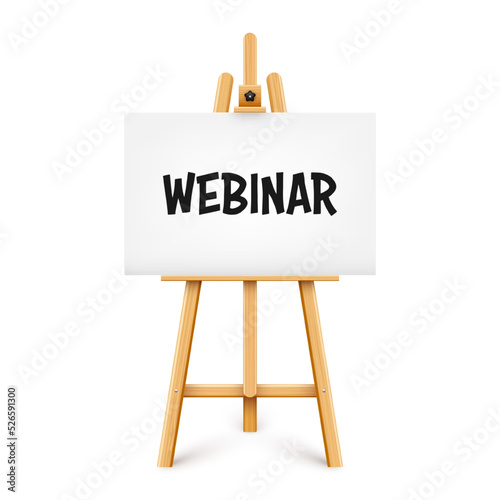 Realistic paint desk with text on white canvas. Wooden easel and a sheet of drawing paper. Presentation board on a tripod. Distance education, online courses and e-learning. Vector illustration