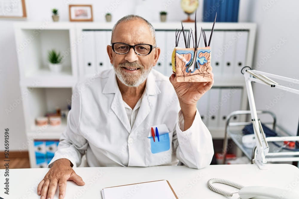 Mature doctor man holding model of human anatomical skin and hair looking positive and happy standing and smiling with a confident smile showing teeth Mature doctor man holding model of human anatomical skin and hair looking positive and happy standing and smiling with a confident smile showing teeth