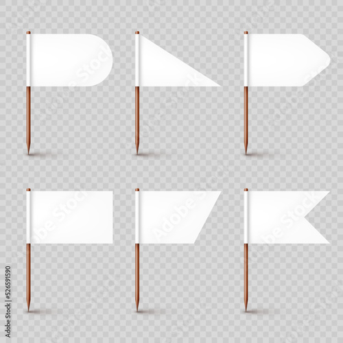 Realistic various toothpick flags. Wooden toothpicks with white paper flag. Location mark, map pointer. Blank mockup for advertising and promotions. Vector illustration