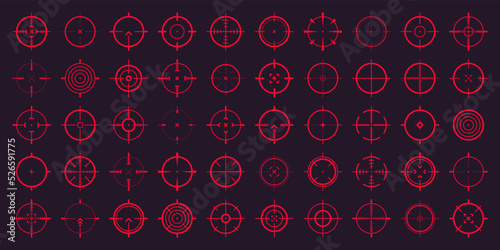 Crosshair, gun sight vector icons. Bullseye, red target or aim symbol. Military rifle scope, shooting mark sign. Targeting, aiming for a shot. Archery, hunting and sports shooting. Game UI element.