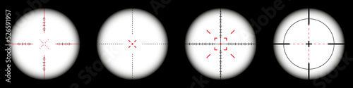 Weapon sights, sniper rifle optical scope on black background. Hunting gun viewfinder with crosshair. Aim, shooting mark symbol. Military target sign, silhouette. Game UI element. Vector illustration