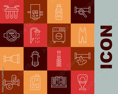 Set line Toilet bowl, Broken pipe, Work overalls, Bottle for cleaning agent, Shower, Water meter, filter and Washer icon. Vector