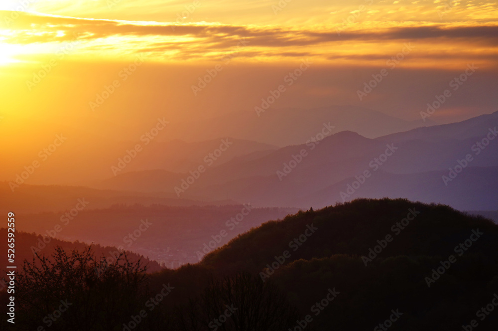 Mountainous landscape in Králiky, Slovakia, at colorful sunrise