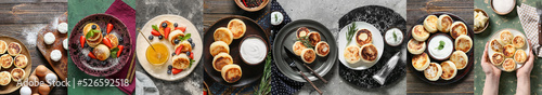 Fotografia Collage with sweet cottage cheese pancakes, top view
