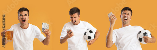 Принти на полотні Collage of happy man with soccer ball, mobile phone, beer and money on orange ba