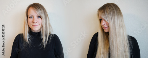 Woman before and after hair extensions on white background. Hair extension, beauty, tress, hair growth, styling, salon concept. Length and volume.     