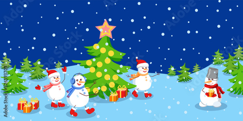 Happy snowmen welcoming their friend  to the Christmas party in snowy landscape.
