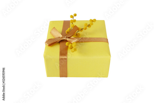 Gift box wrapped with yellow paper and golden ribbon bow and mimosa fluffy flowers isolated transparent png. Spring holidays surprise.
