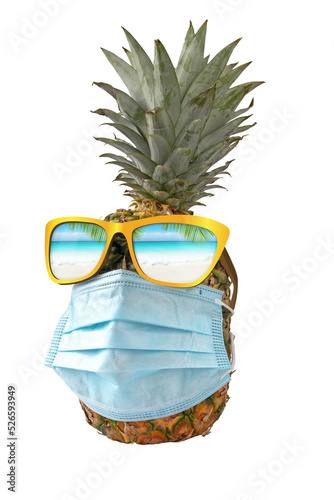 Pineapple wearing blue surgery protection mask and sunglasses with reflected torpical beach.Summer vacation safety travel during coronavirus pandemic. New normal  3D illustration transparent png photo