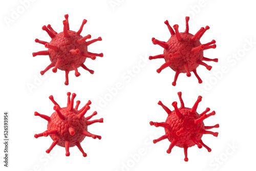 Four coronavirus cells set isolated on white. Covid-19 virions 3d illustration transparent png.