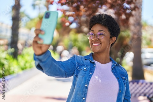African american woman smiling confident make selfie by smartphone at park
